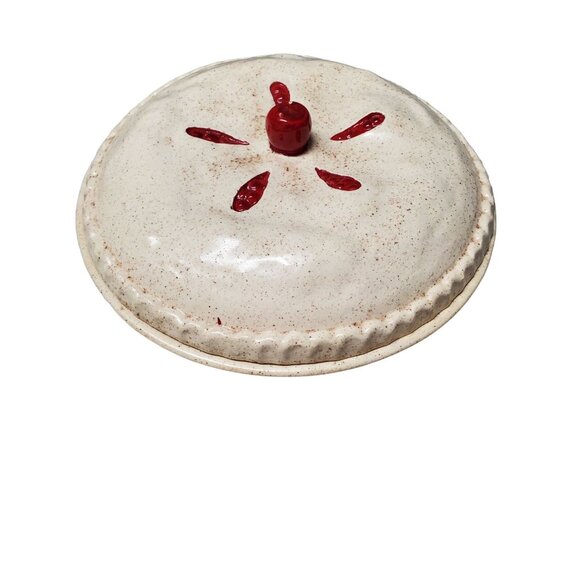 Vintage 10" Wide Ceramic Covered Pie Dish w/ Cherry Shaped Handle / Pie Keeper, - Picture 2 of 6